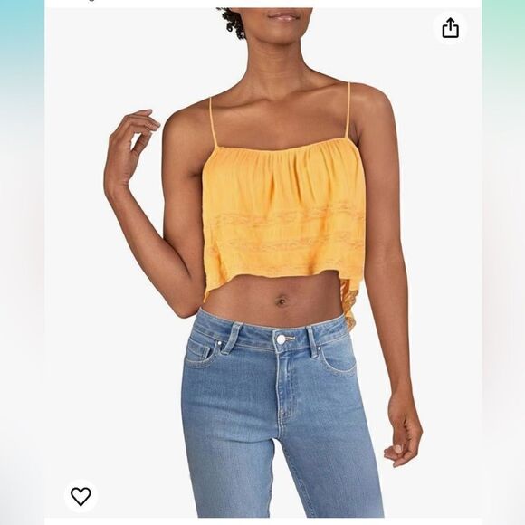 NWT Free People Womens Home Again Asymmetric Lace Trim Crop Top Orange Blouse - Picture 1 of 9